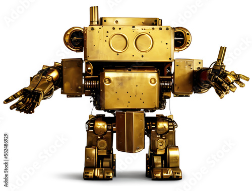 Robust vintage giant robot made of recycled brass metal parts, isolated, AI generated