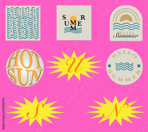 Hello Summer retro graphic sticker set. Summer time chart with . Hippie style illustration print can be for t-shirts. Eps 10
