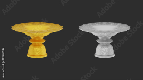 element of gold and silver pedestal tray with thai culture pattern. thailand travel.