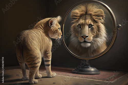 kitten looking at round mirror on table, male lion inside mirror, generative AI