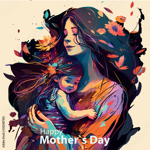 Happy Mother's Day, vector greeting design. character mom with children illustration photo