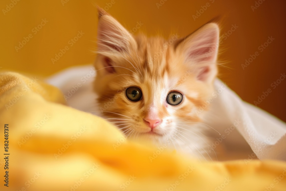 The kitty is curled up on the orange fabric, staring towards the camera. Generative AI