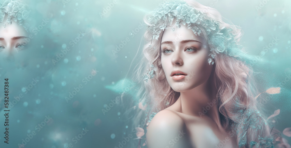 Waves of dreamy fantasy; abstract art portrait of a beautiful young woman that makes you think of dreaming, spirituality, floating, meditation, imagination and inner calm; generative ai