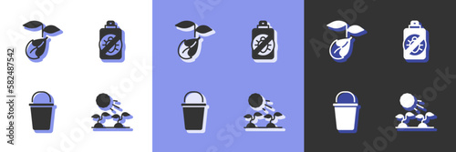 Set Plant sprouts grow in the sun, Sprout, Bucket and Spray against insects icon. Vector