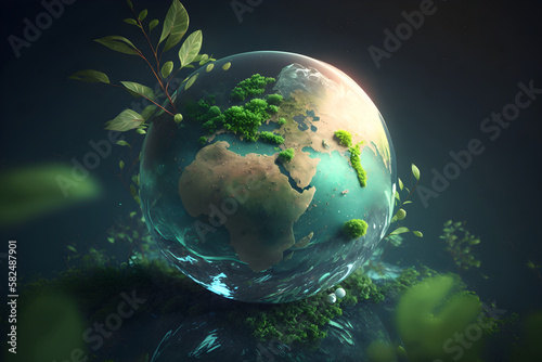 Global ecology protection concept. Illustration of green Earth planet. Generative AI