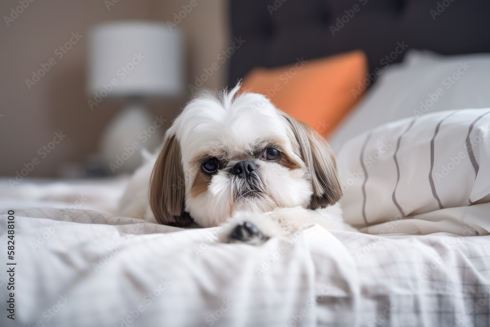 Shih tzu dog lying joyfully on bed in bedroom. Generative AI Stock  Illustration | Adobe Stock