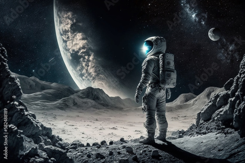 Amazed astronaut on the moon surface watches another planet. Space and universe exploration concept. Ai generated