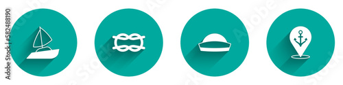 Set Yacht sailboat, Nautical rope knots, Sailor hat and Location with anchor icon with long shadow. Vector
