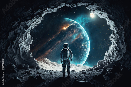 Amazed astronaut on the moon surface watches another planet. Space and universe exploration concept. Ai generated