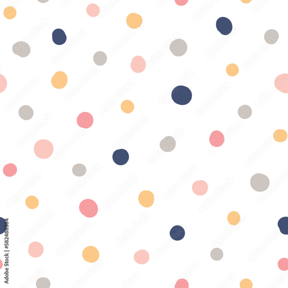 Cute hand drawn seamless pattern with Colorful Polka Dots. Abstract Multicolored doodle shapes on white background. Design for background, wallpaper, wrapping, fabric, and more.