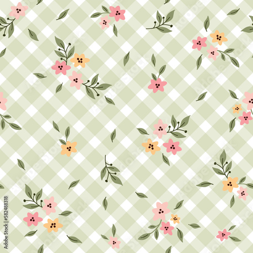 Seamless Pattern with Flower and Leaves.Ditsy print. Floral pattern on retro green Gingham Check background. Design for fashion prints, textile, background, wallpaper, wrapping, fabric and more