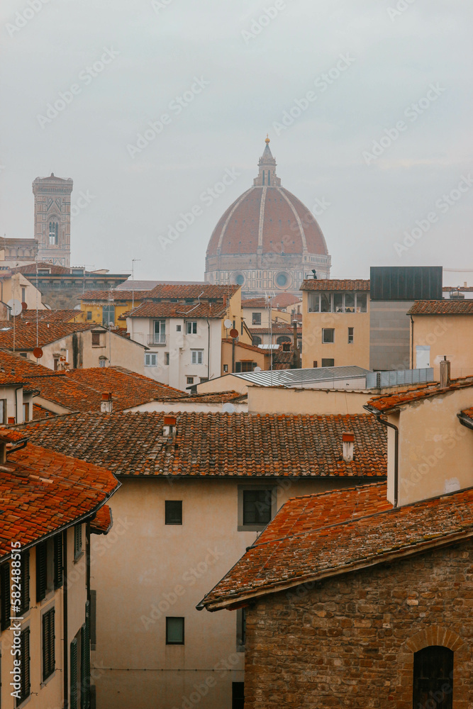 Detail view of terracota roofs and medieval dome in italian town