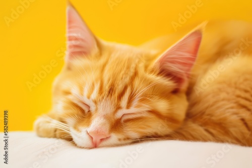 a picture of a cat sleeping down with yellow eyes. Generative AI