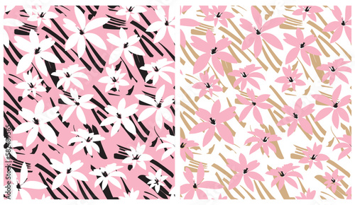 Abstract Hand Drawn Floral Seamless Vector Pattern. Tropical Flowers on a White and Pastel Pink Background. Modern Abstract Exotic Garden Design. Floral Repeatable Print ideal for Fabric, Textile. 