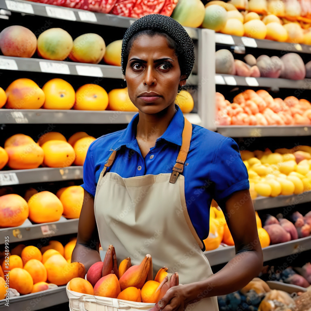 Portrait of female greengrocer in small grocery store. Woman. Concept healthy food, fruits and vegetables. Support for neighborhood businesses. Ai generative