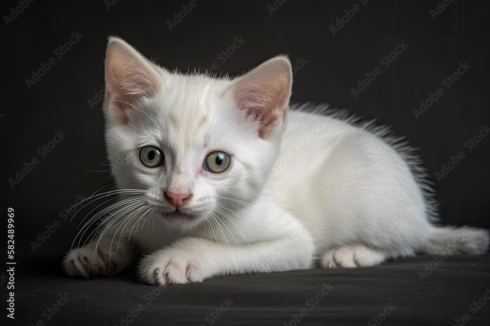 short white hair kitten of the Burmilla breed lying on a gray background. Generative AI