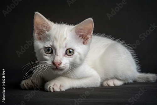 short white hair kitten of the Burmilla breed lying on a gray background. Generative AI