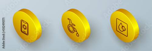 Set Isometric line Emergency call 911, Wheelchair for disabled person and Blood test icon. Vector