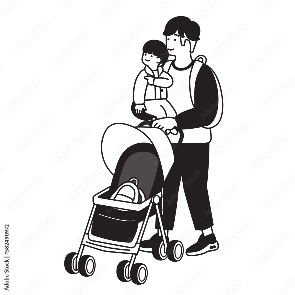 赤ちゃんを抱っこしながらベビーカーを持つ男性のイラスト
