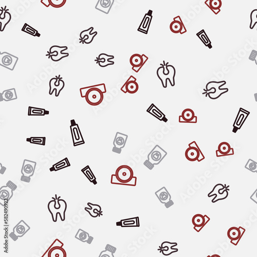 Set line Tube of toothpaste, Broken, Toothache painkiller tablet and Otolaryngological head reflector on seamless pattern. Vector