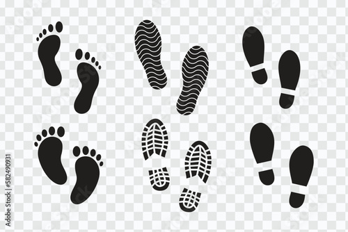 collection of Human walking footprints shoes and shoe sole funny feet footsteps paws people. vector footsteps icon or sign for print, isolated on transparent background. vector icon