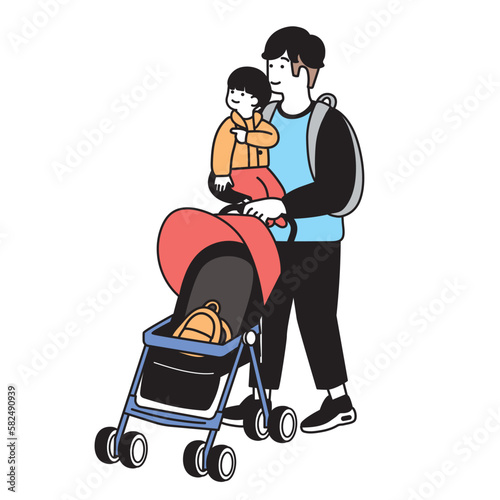 赤ちゃんを抱っこしながらベビーカーを持つ男性のイラスト
