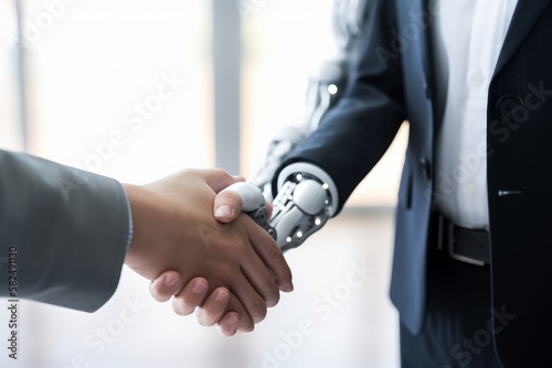Future Technology Partnership: Human Handshaking Hands with Robot. Generative AI.