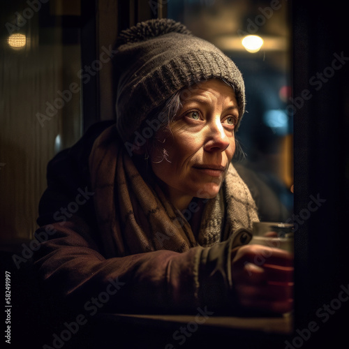 Generative AI - A homeless woman with a hat and scarf on looking out a window at the street at night with a drink in her hand, cinematic photography, a character portrait