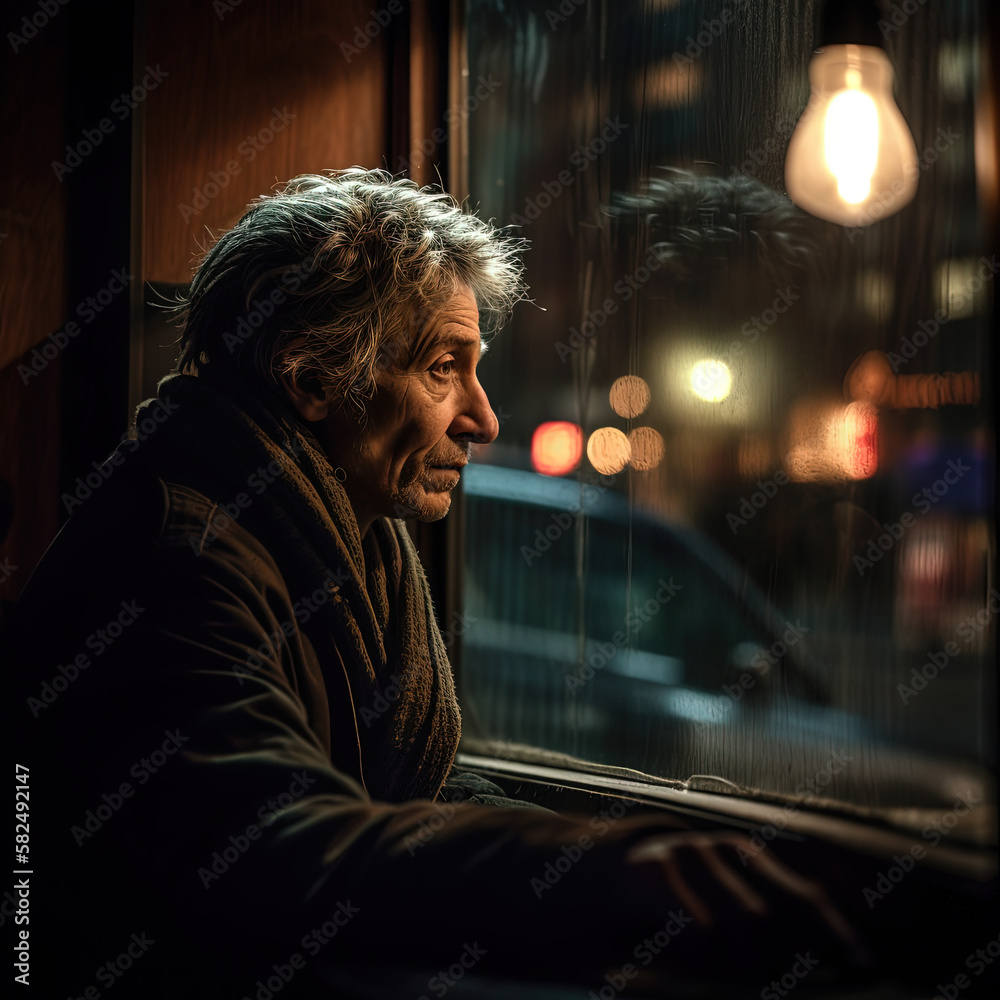 Generative AI - A homeless man looking out a window at a city street at ...