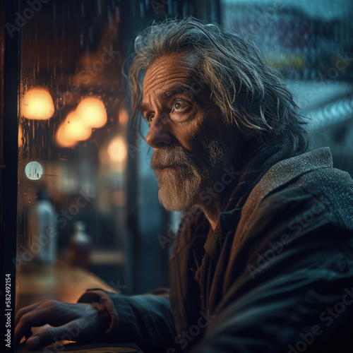 Generative AI - A homeless man with a beard and a beard standing in front of a window looking out at the street at night, promotional image, a character portrait, photorealism