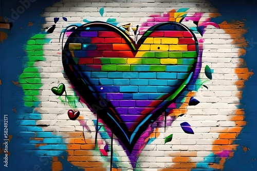 Nice colorful rainbow graffiti heart on the brick wall. LGBTQ. Diversity, tolerance, loving inclusion concept, pride month celebration, pride day. generative AI