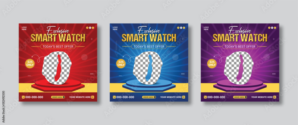 Smartwatch product sale social media banner. Promotional post ad banner template design. Square gadget product banner advertising feed with super collection