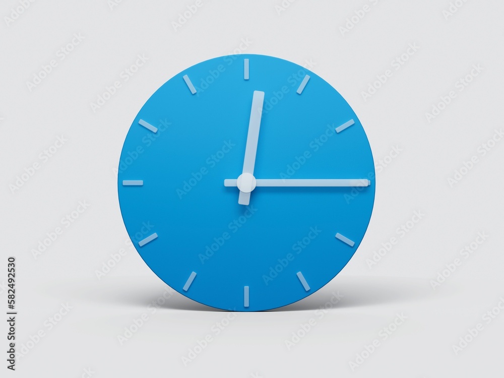 3d rendering of a minimalistic blue wall clock showing 11:15 o'clock, on a gray backdrop 3d rendering of a minimalistic blue wall clock showing 11:15 o'clock, on a gray backdrop