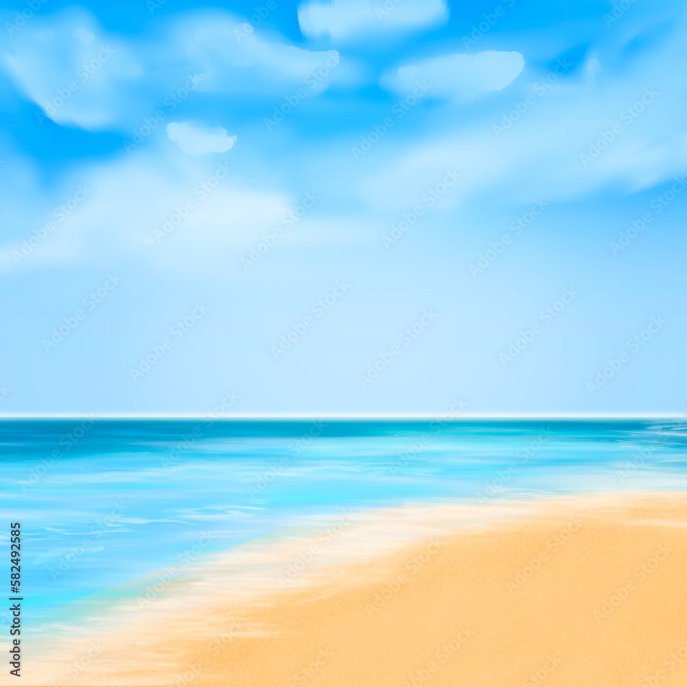 Painting of the sea and sand beach in the sunlight and clouds against a blue sky background.