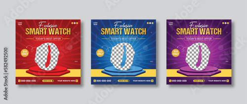 Smartwatch product sale social media banner. Promotional post ad banner template design. Square gadget product banner advertising feed with super collection