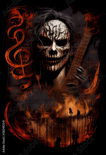 Man in a creepy mask on backgrounds with musical notes. AI generated