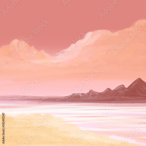 Painting of the sea and sand beach in the sunlight and clouds against a sunset sky background.