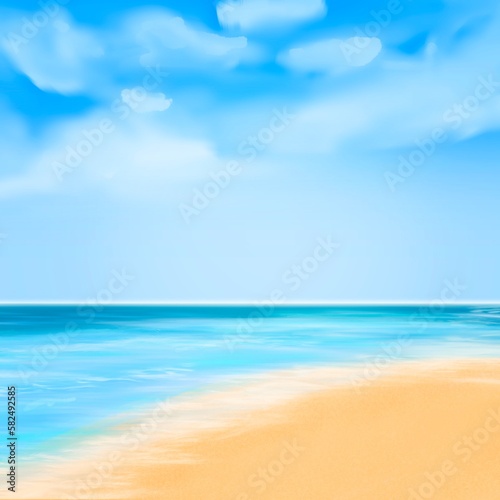 Painting of the sea and sand beach in the sunlight and clouds against a blue sky background.