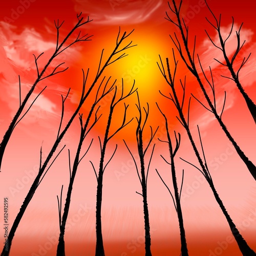 Landscape painting, leafless trees with the twilight sky.