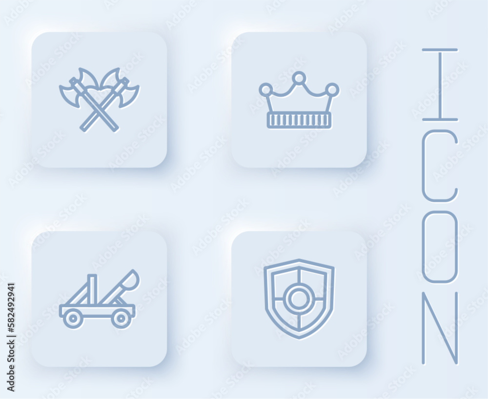 Set line Crossed medieval axes, King crown, Medieval catapult and Shield. White square button. Vector Set line Crossed medieval axes, King crown, Medieval catapult and Shield. White square button. Vector