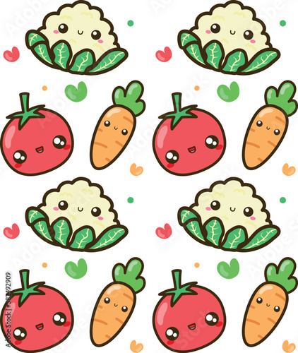 Kawaii vegetables pattern with tomato carrot cauliflower smiling