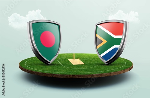 3D render of Bangladesh vs South Africa flag icons on a green round cricket field