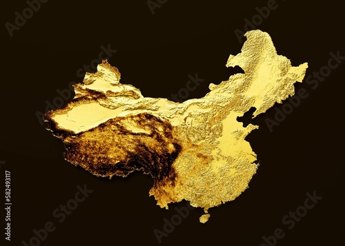 3d illustration of the golden China map on a black background © Hammad Khan/Wirestock Creators