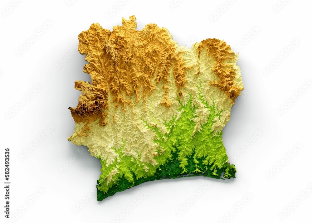 Obraz premium 3d rendering of the Ivory Coast map with shaded relief isolated on a white background.
