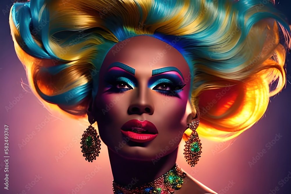 Obraz premium Drag queen portrait with vibrant makeup and colorful hair, female impersonation, performance art. LGBTQ. Diversity, tolerance, inclusion concept, pride month celebration, pride day. Ai generative 