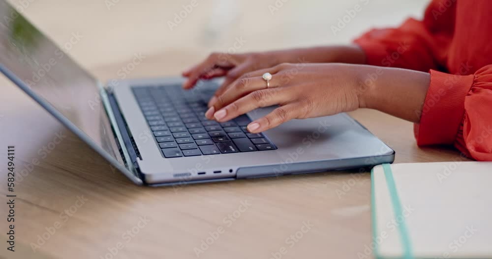 Laptop, hands typing and business woman review article for social media app, website database or online story summary. Brand copywriting, blog editor feedback and journalist editing fake news post
