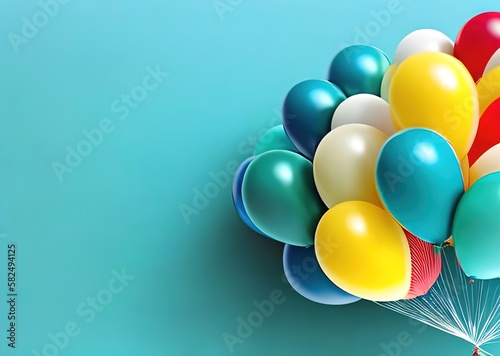 Glossy balloons and space for text on turquoise background. Copyspace. generative ai