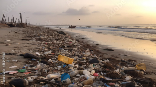 Beach polluted with garbage and plastic waste. AI photo