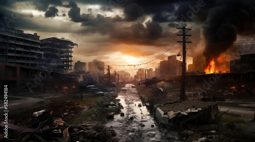 Apocaliptic destroyed city, war consequences. AI photo