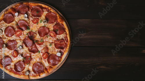 Pepperoni pizza on wooden background top view, copy space. AI